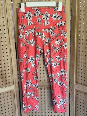 Daisy Fuentes Fit Coral Floral Leggings Pocket Activewear Size M